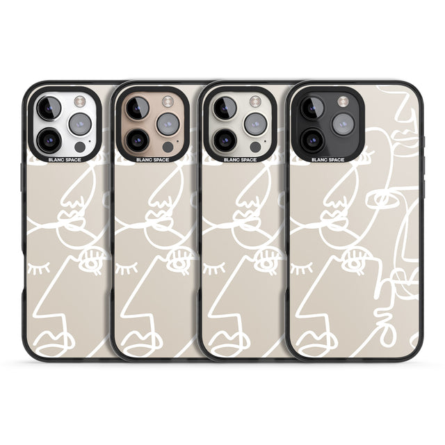 iPhone 16 Pro Max Abstract Continuous Line Faces White on Beige Black Impact Phone Case