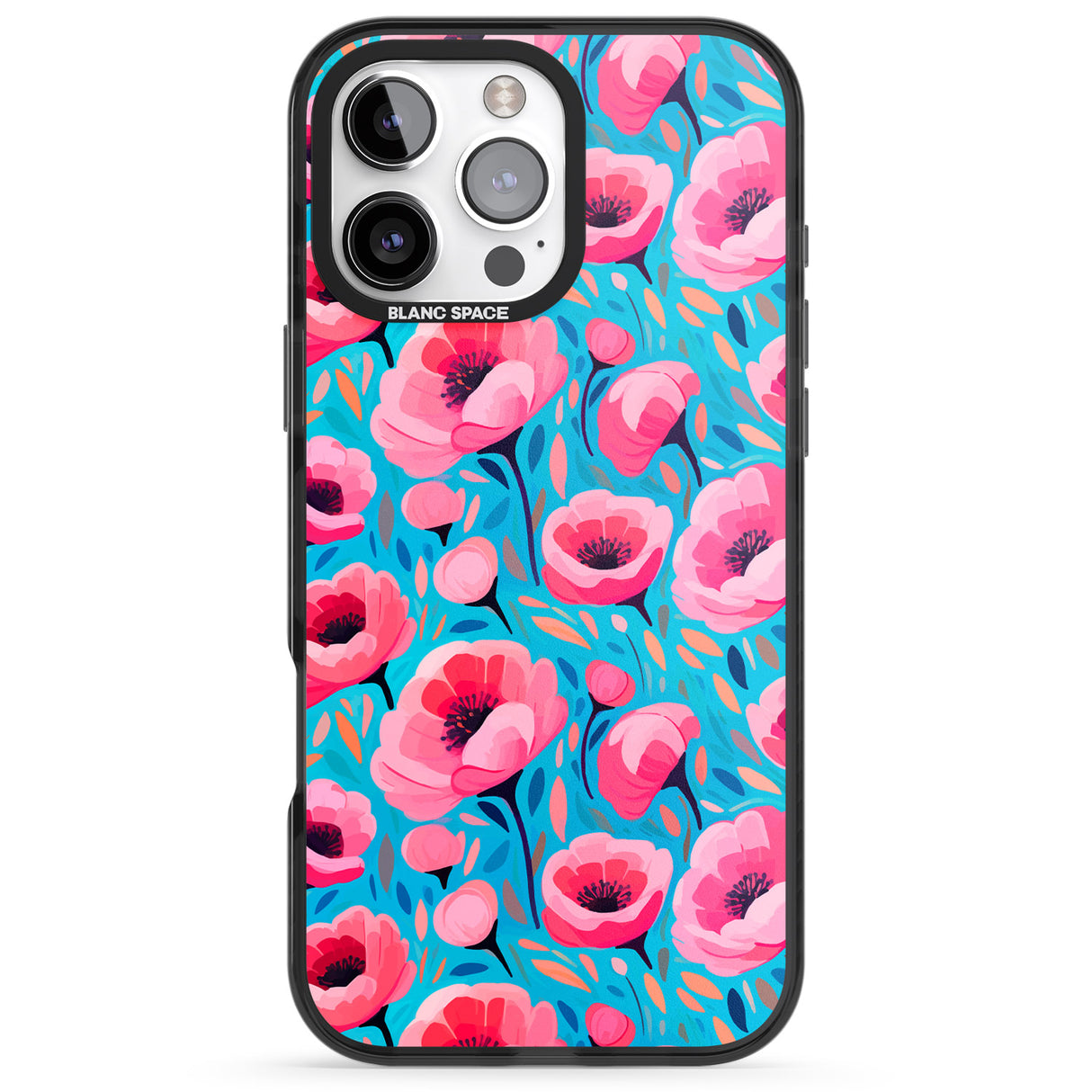 iPhone 16 Pro Max Tropical Pink Poppies Black Impact Phone Case