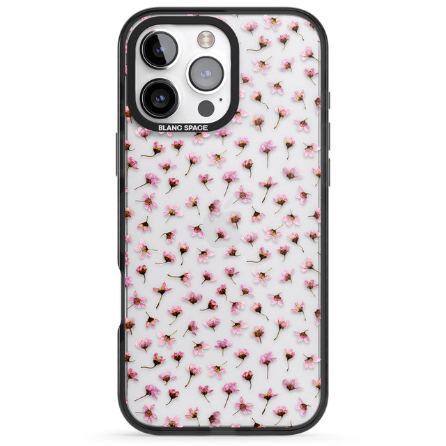 iPhone 16 Pro Max Small Pink Blossoms Transparent Design Black Impact Phone Case