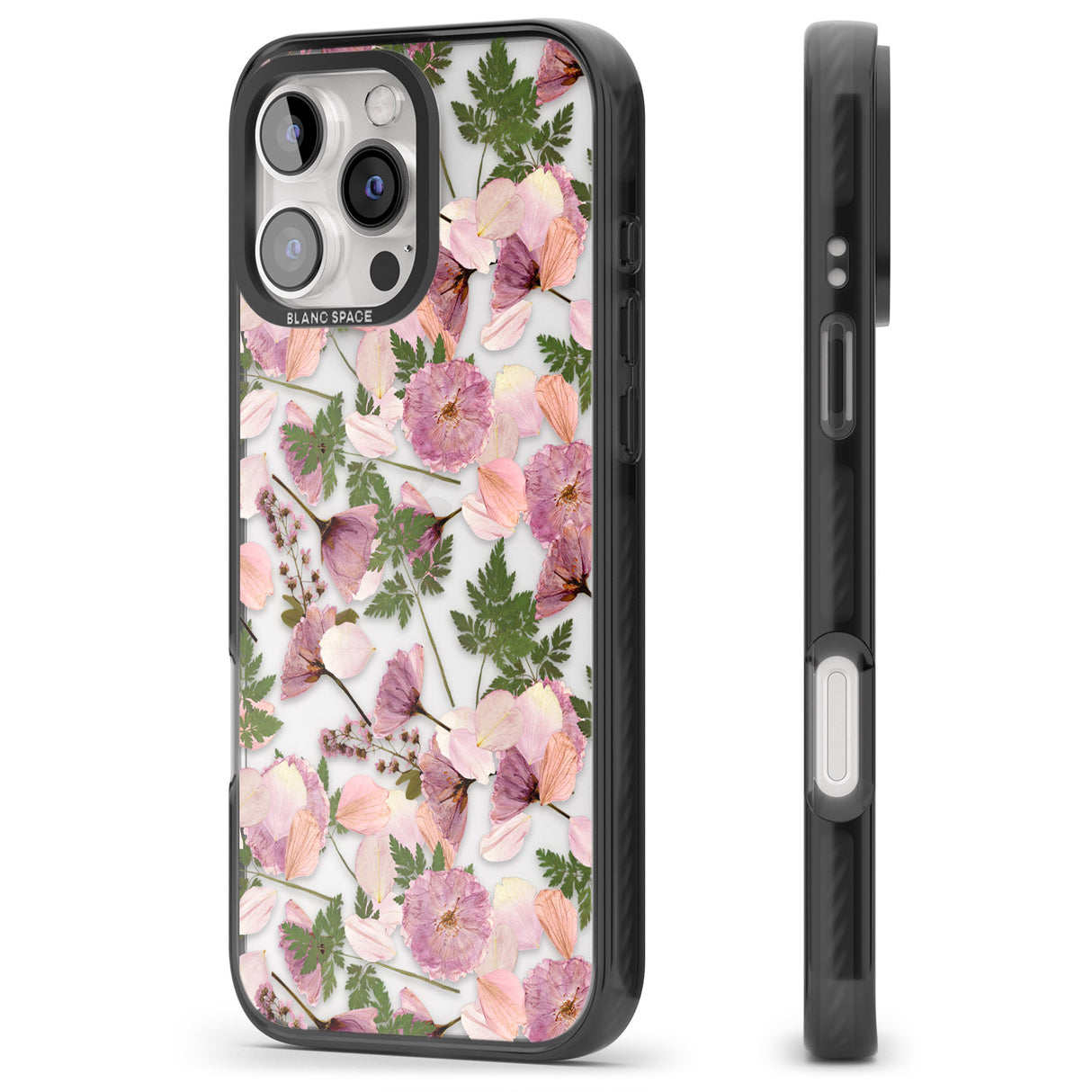 iPhone 16 Pro Max Leafy Floral Pattern Transparent Design Black Impact Phone Case