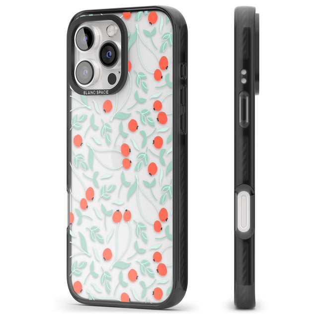 iPhone 16 Pro Max Red Berries Transparent Floral Black Impact Phone Case