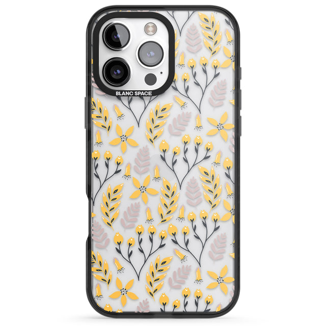 iPhone 16 Pro Max Yellow Leaves Transparent Floral Black Impact Phone Case