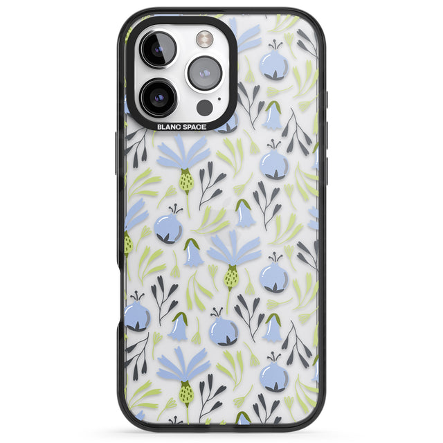 iPhone 16 Pro Max Blue Flora Transparent Floral Black Impact Phone Case