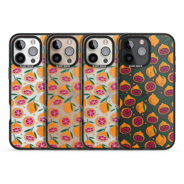 iPhone 16 Pro Max Blood Orange Fruit Pattern Transparent Black Impact Phone Case