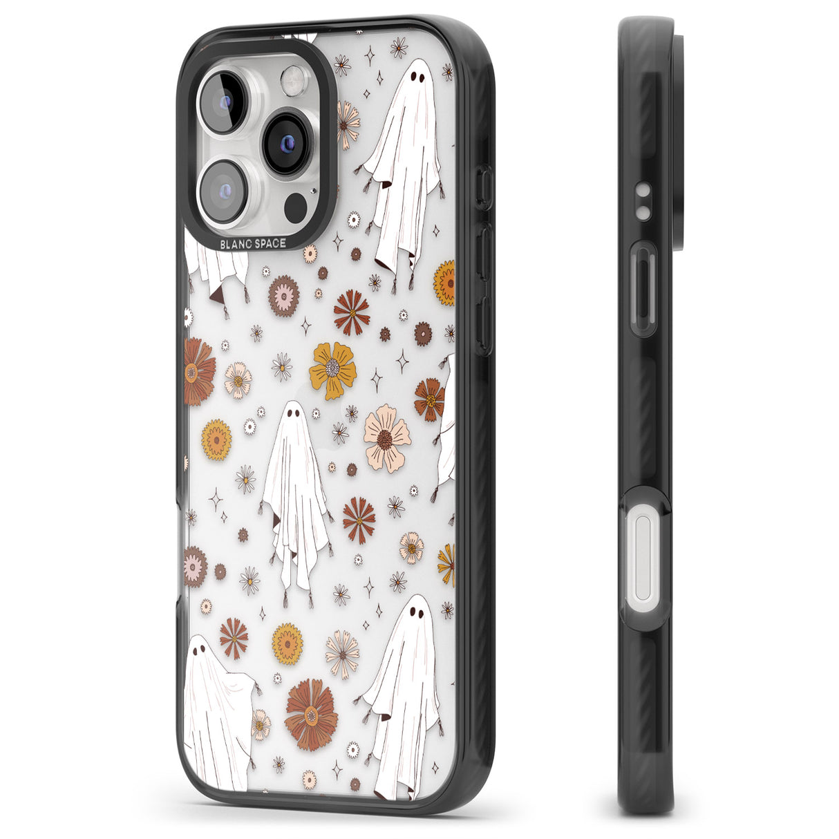 iPhone 16 Pro Max Halloween Ghosts and Flowers Black Impact Phone Case