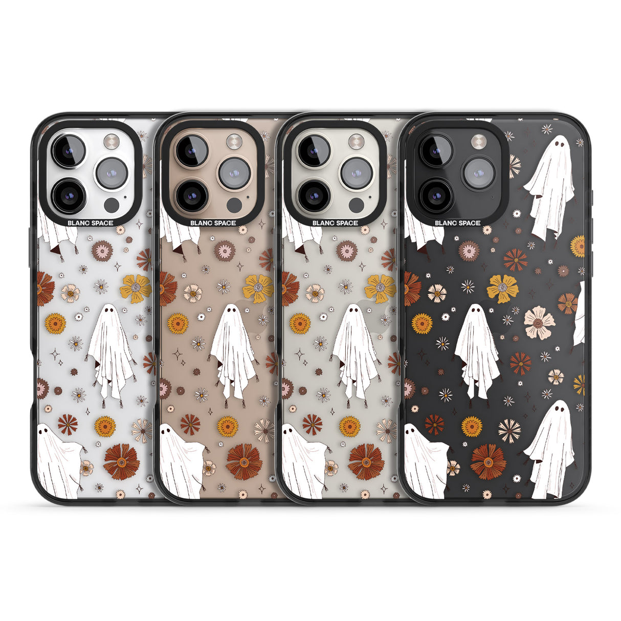 iPhone 16 Pro Max Halloween Ghosts and Flowers Black Impact Phone Case