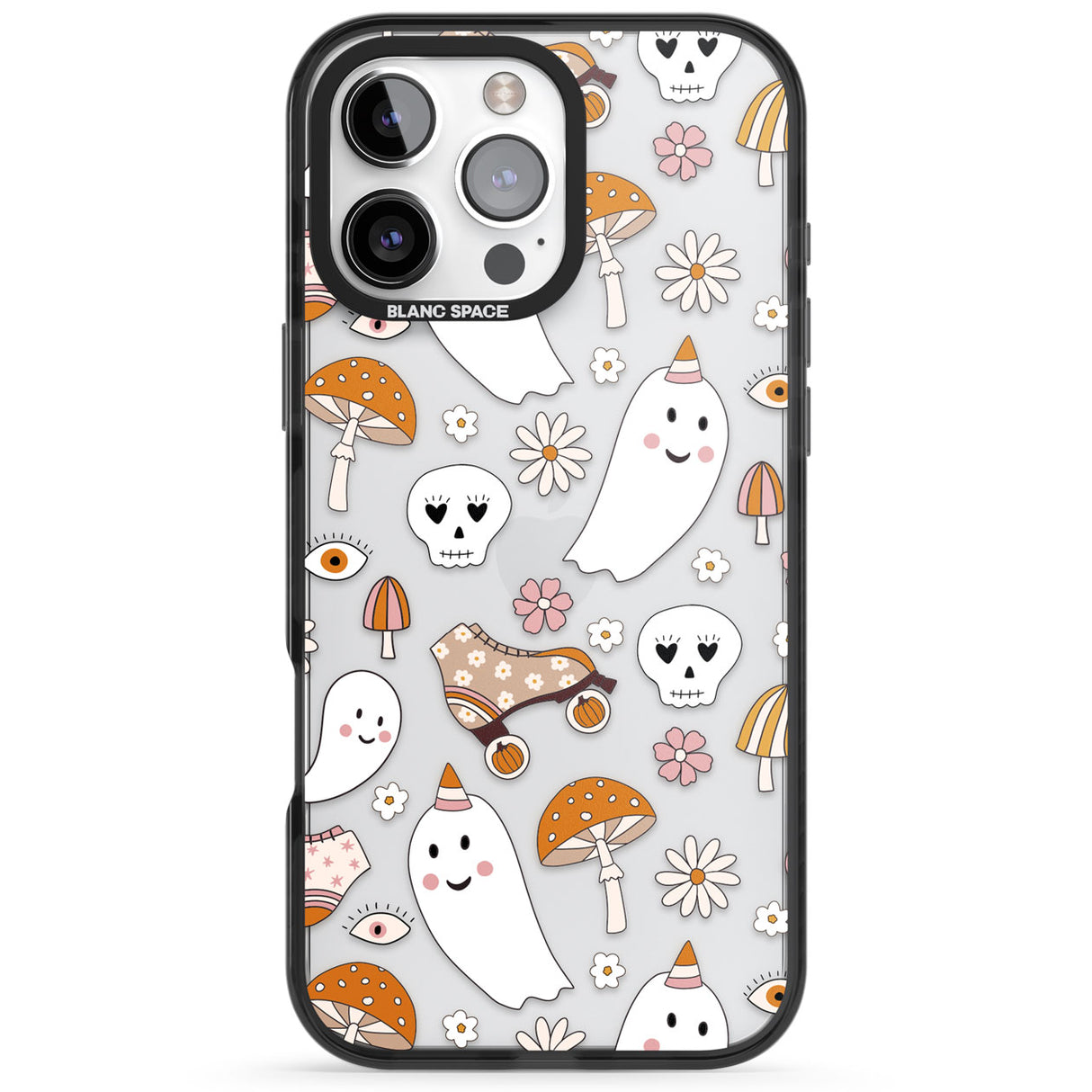 Cute Ghost and Skulls Pattern Black Impact Phone Case for iPhone 16 Pro, iPhone 16 Pro Max