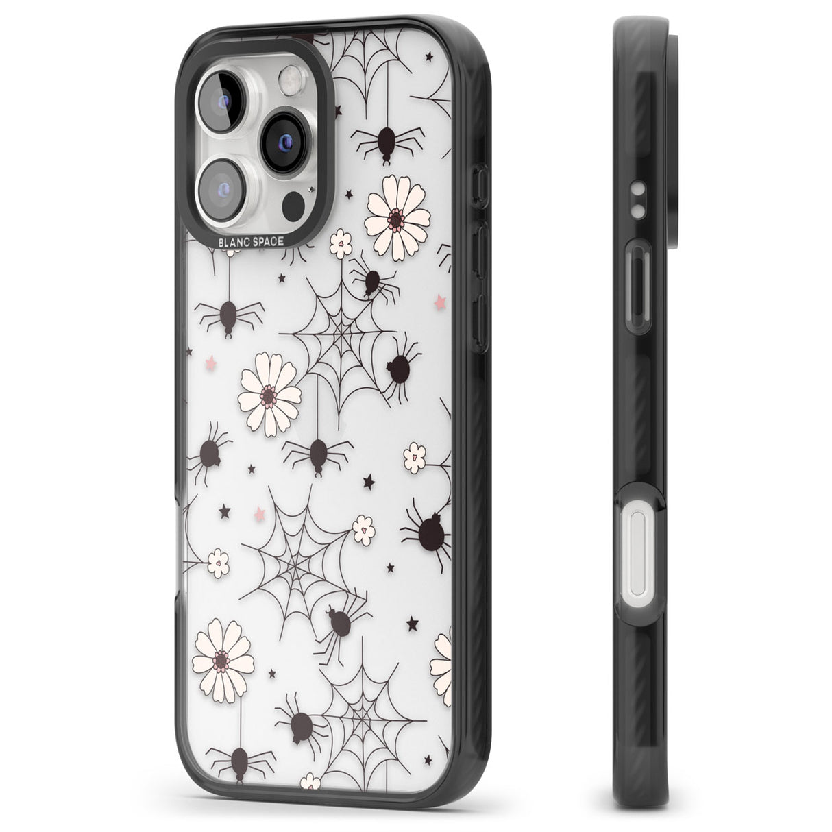 Spiders and Flowers Pattern Black Impact Phone Case for iPhone 16 Pro, iPhone 16 Pro Max