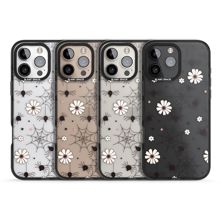 Spiders and Flowers Pattern Black Impact Phone Case for iPhone 16 Pro, iPhone 16 Pro Max