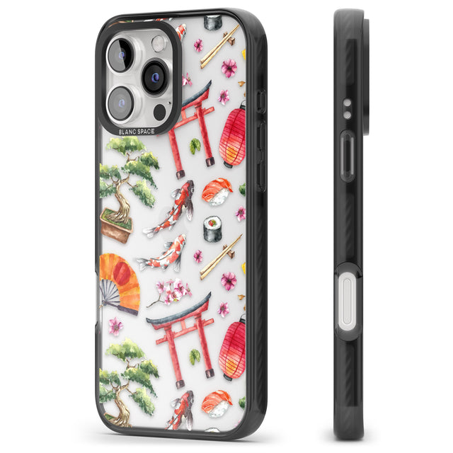 iPhone 16 Pro Max Mixed Japanese Watercolour Pattern Black Impact Phone Case