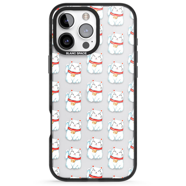 iPhone 16 Pro Max Lucky Cat Maneki-Neko Japanese Pattern Black Impact Phone Case