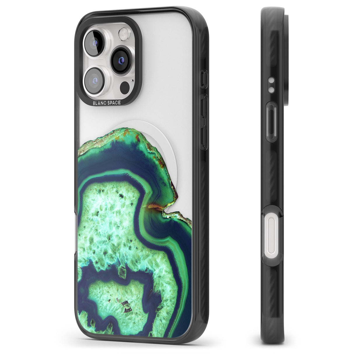 iPhone 16 Pro Max Neon Green & Blue Agate Crystal Transparent Design Black Impact Phone Case