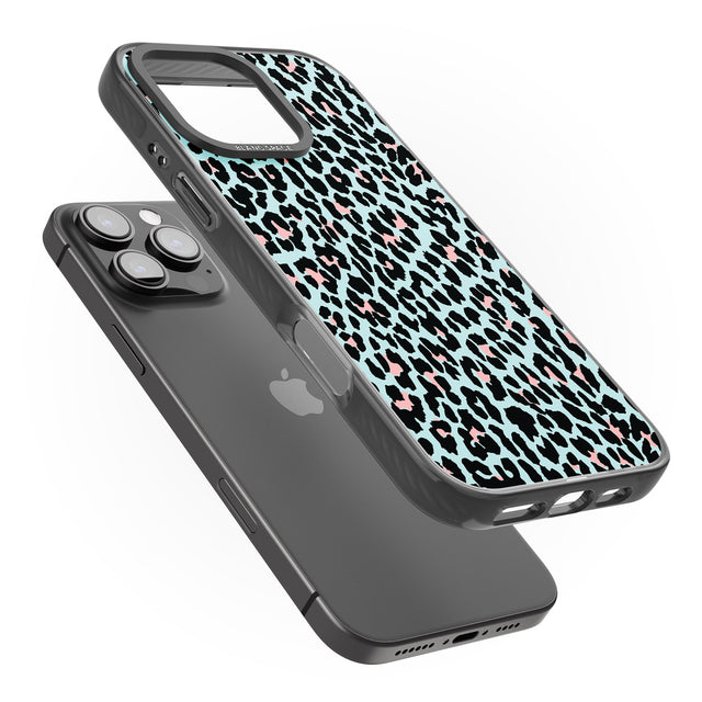 iPhone 16 Pro Max Light Pink on Blue Leopard Print Pattern Black Impact Phone Case