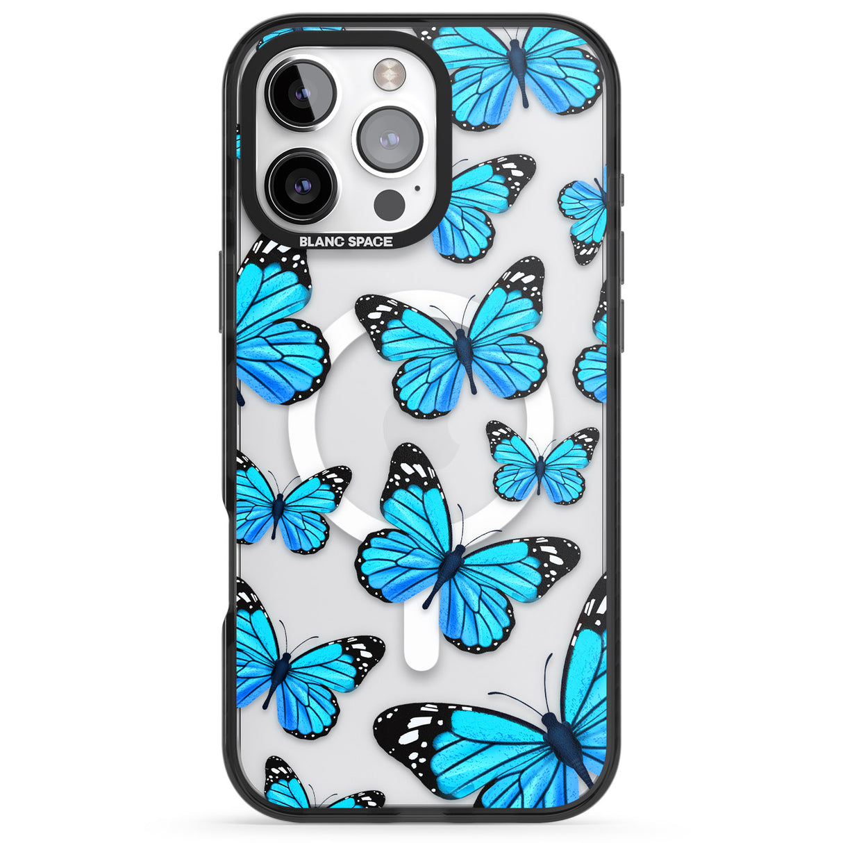 iPhone 16 Pro Max Blue Butterflies Black Impact Phone Case