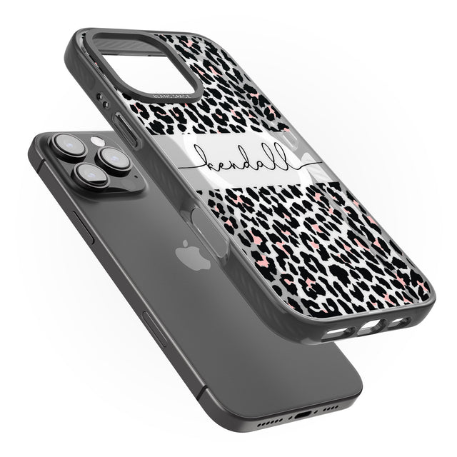 iPhone 16 Pro Max Personalised Pink & Cursive Leopard Spots Black Impact Phone Case