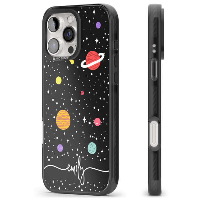 iPhone 16 Pro Max Personalised Cute Cartoon Planets Black Impact Phone Case