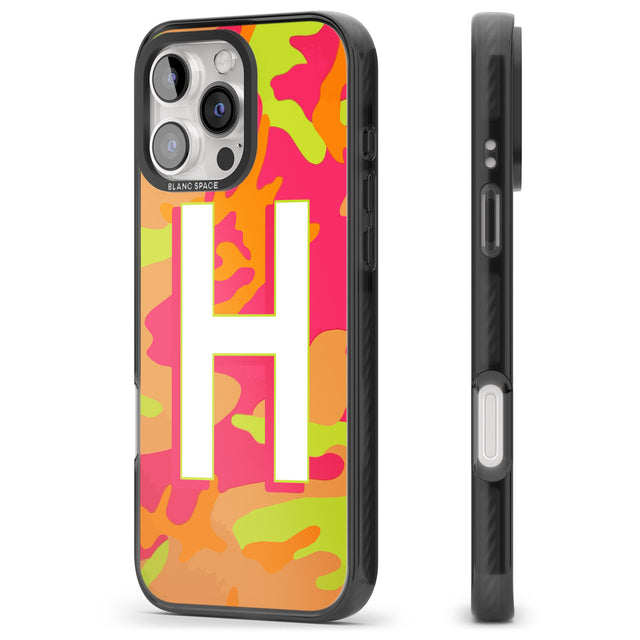 iPhone 16 Pro Max Personalised Bright Neon Camo Solid Monogram Black Impact Phone Case