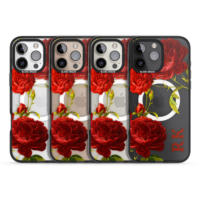 iPhone 16 Pro Max Personalised Clear Vintage Floral Red Roses Black Impact Phone Case