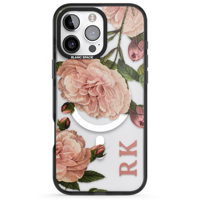 iPhone 16 Pro Max Personalised Clear Vintage Floral Pale Pink Peonies Black Impact Phone Case