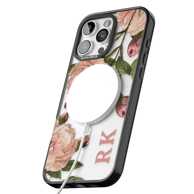 iPhone 16 Pro Max Personalised Clear Vintage Floral Pale Pink Peonies Black Impact Phone Case