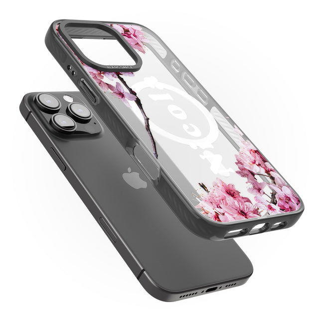 iPhone 16 Pro Max Personalised Cherry Blossoms with Text Black Impact Phone Case