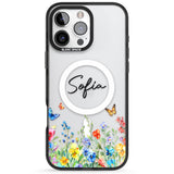 Personalised Buterflies & Wildflowers Black Impact Magsafe Phone Case for iPhone 16 Pro, iPhone 16 Pro Max