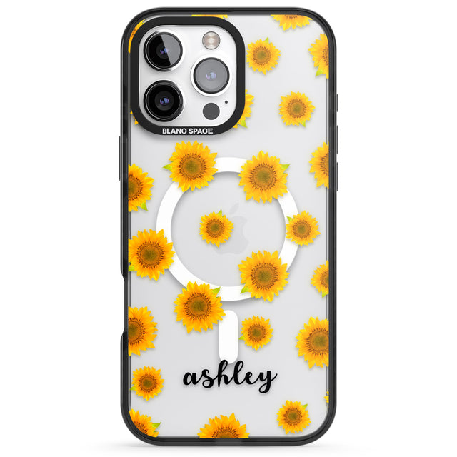 iPhone 16 Pro Max Personalised Sunflowers & Cursive Black Impact Phone Case