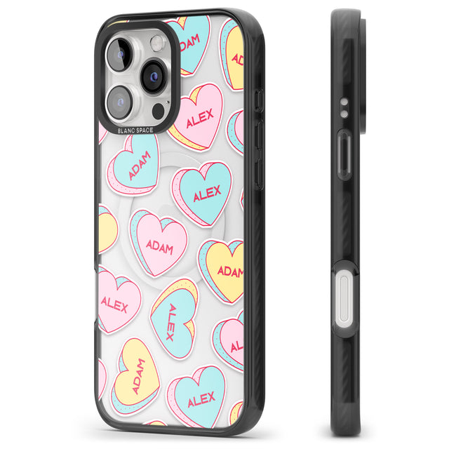 iPhone 16 Pro Max Personalised Text Love Hearts Black Impact Phone Case