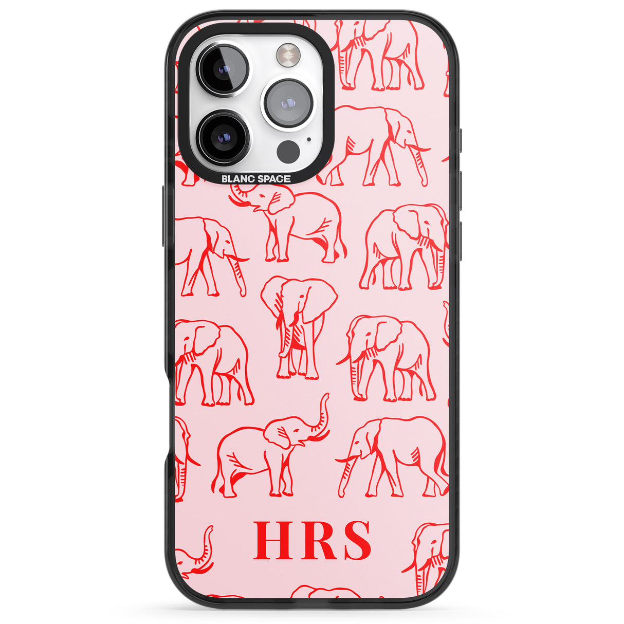 iPhone 16 Pro Max Personalised Red Elephant Outlines on Pink Black Impact Phone Case