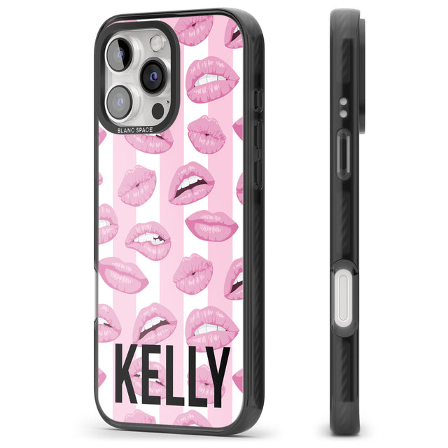 iPhone 16 Pro Max Personalised Pink Stripes & Lips Black Impact Phone Case