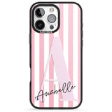 iPhone 16 Pro Max Personalised Pink Stripes & Large Monogram Black Impact Phone Case