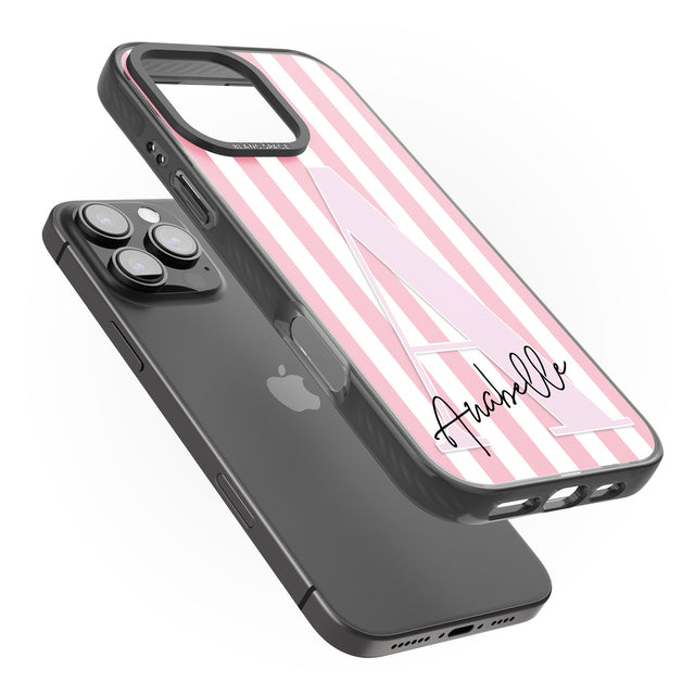 iPhone 16 Pro Max Personalised Pink Stripes & Large Monogram Black Impact Phone Case