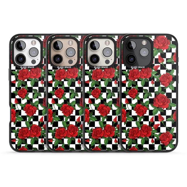 iPhone 16 Pro Max Checkered Pattern & Red Roses Black Impact Phone Case