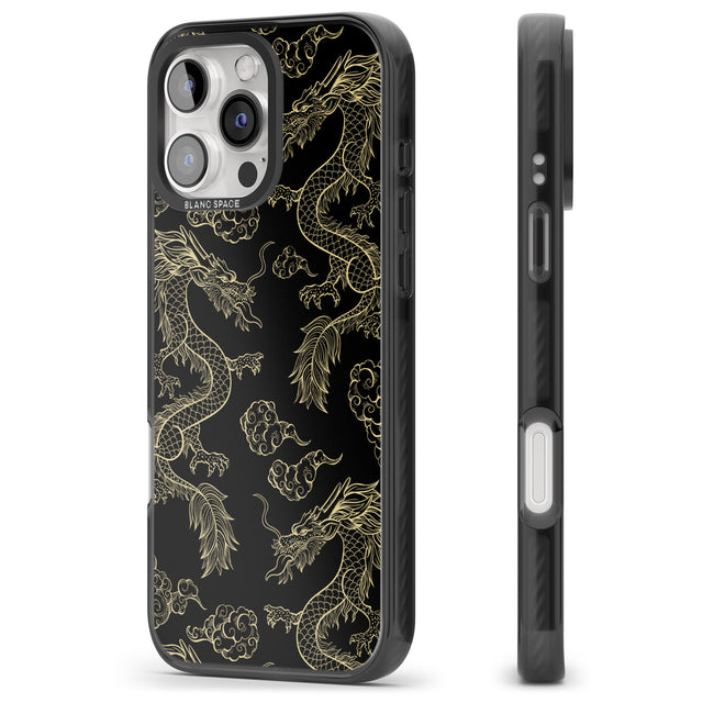 iPhone 16 Pro Max Black and Gold Dragon Pattern Black Impact Phone Case