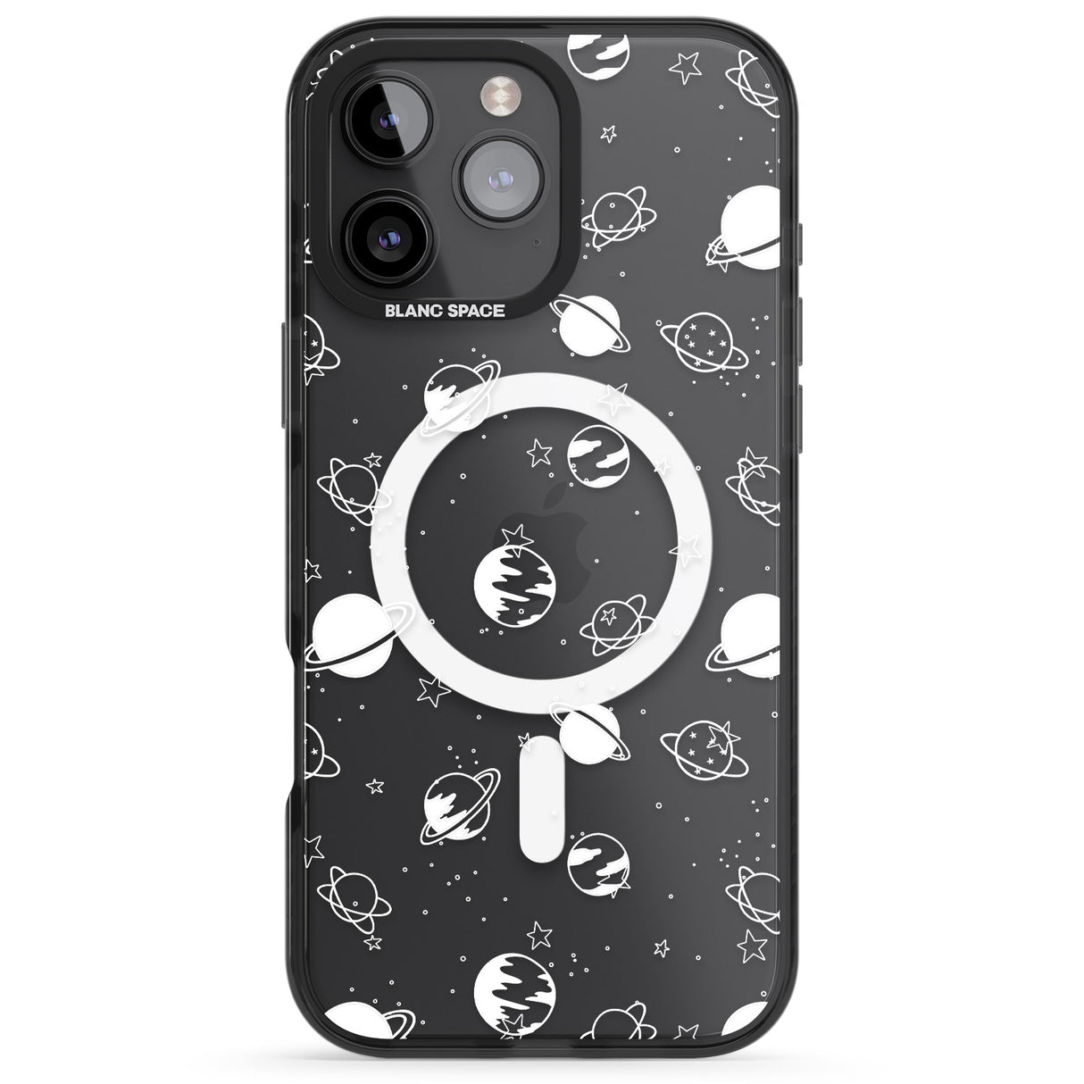 iPhone 16 Pro Max White Planets on Clear Black Impact Phone Case