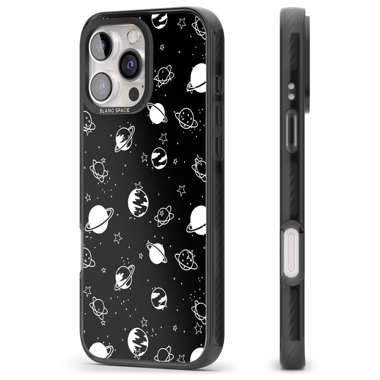 iPhone 16 Pro Max White Planets on Black Black Impact Phone Case