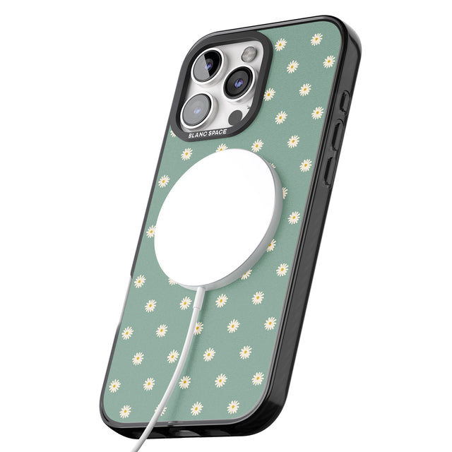 iPhone 16 Pro Max Daisy Pattern Teal Cute Floral Black Impact Phone Case