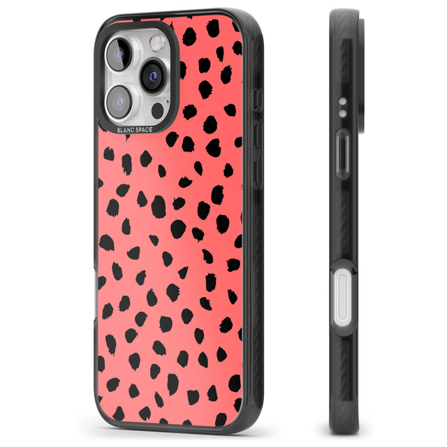 iPhone 16 Pro Max Black on Salmon Pink Dalmatian Polka Dot Spots Black Impact Phone Case