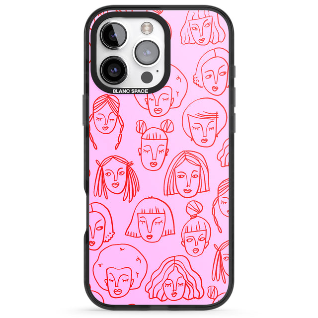 iPhone 16 Pro Max Girl Portrait Doodles in Pink & Red Black Impact Phone Case