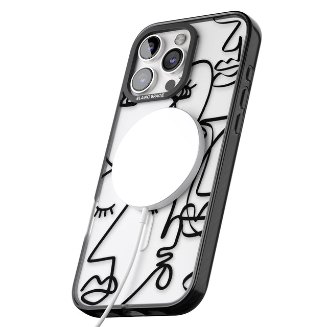 iPhone 16 Pro Max Abstract Continuous Line Faces Black on Clear Black Impact Phone Case