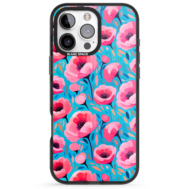 iPhone 16 Pro Max Tropical Pink Poppies Black Impact Phone Case