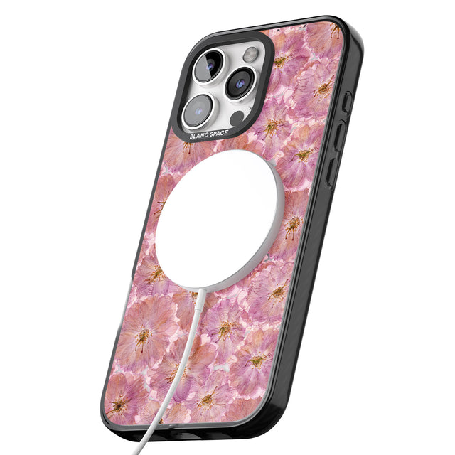 iPhone 16 Pro Max Large Pink Flowers Transparent Design Black Impact Phone Case