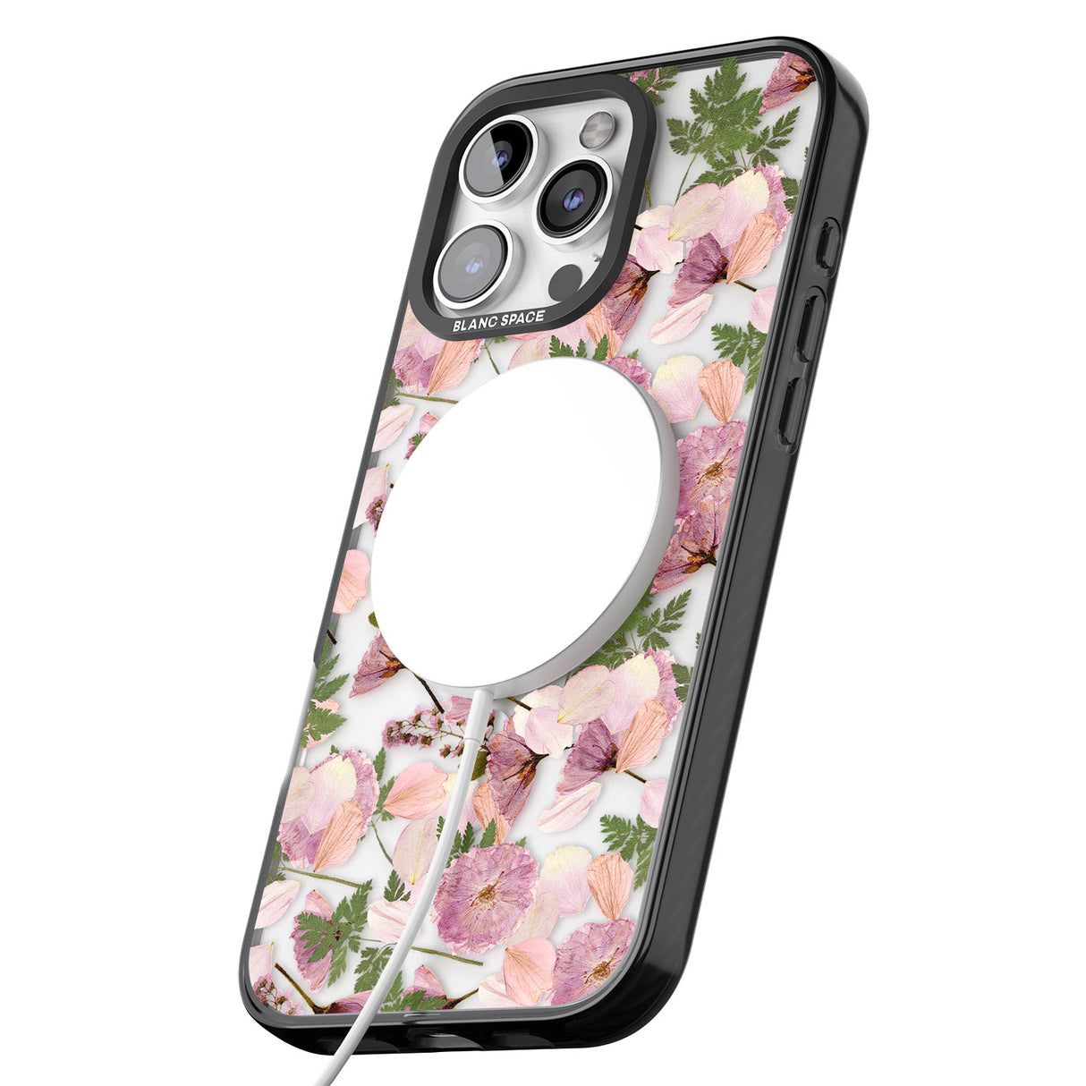 iPhone 16 Pro Max Leafy Floral Pattern Transparent Design Black Impact Phone Case