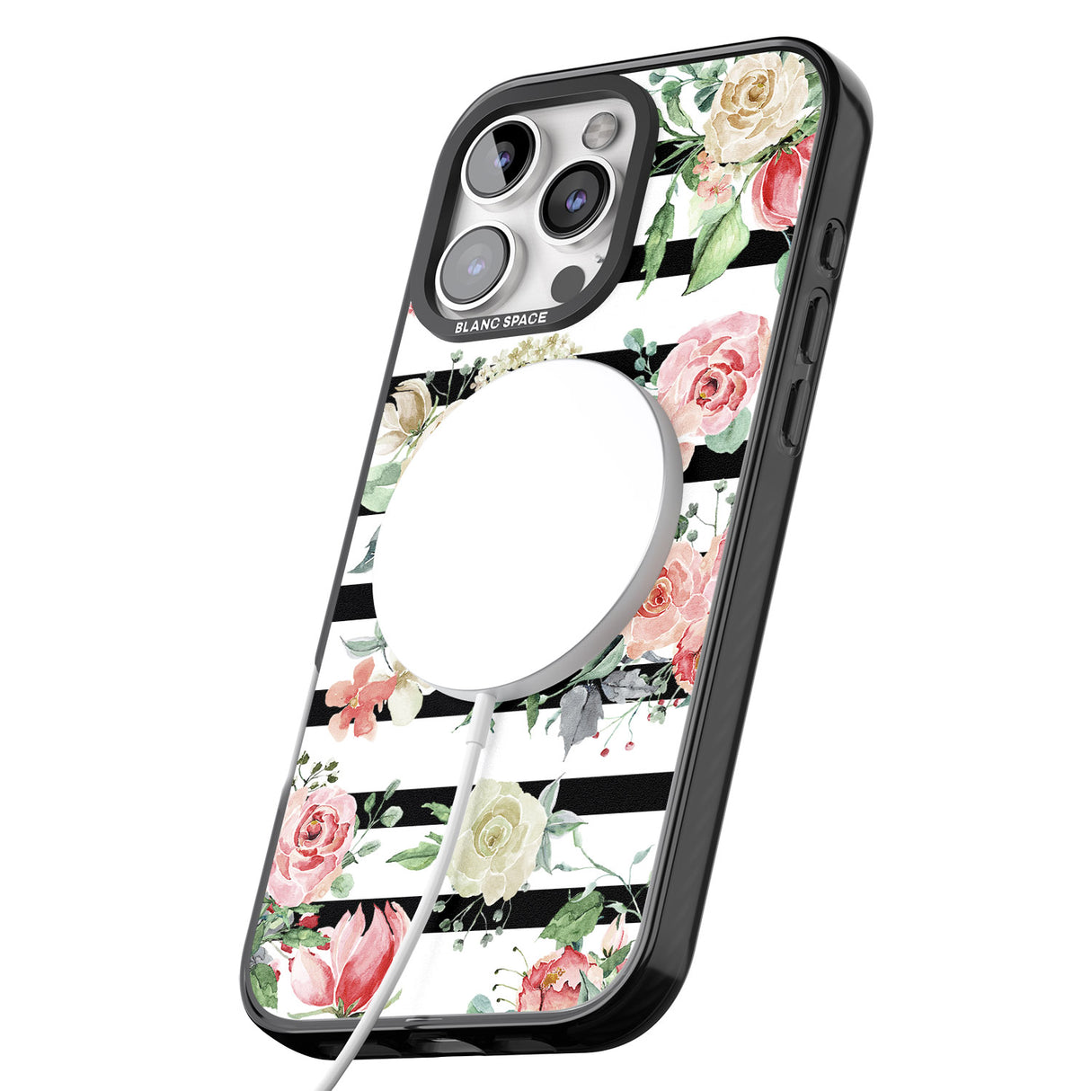 iPhone 16 Pro Max Bold Stripes & Flower Pattern Black Impact Phone Case