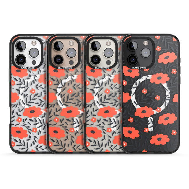 iPhone 16 Pro Max Red Poppy Transparent Floral Black Impact Phone Case