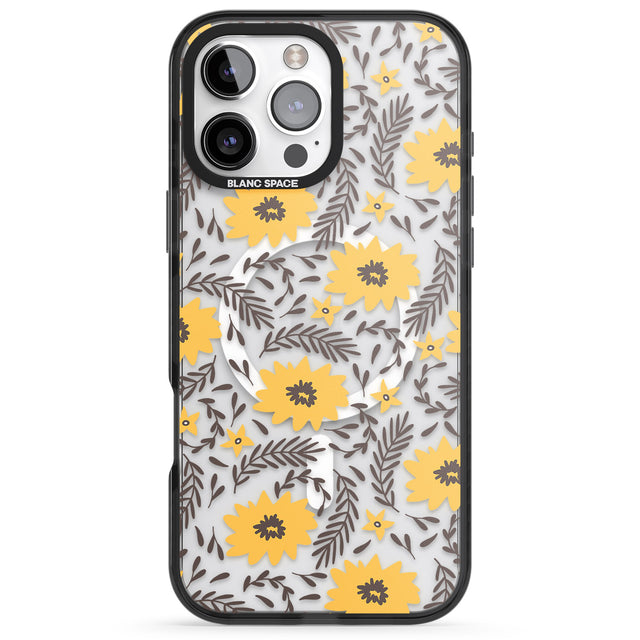 iPhone 16 Pro Max Yellow Blossoms Transparent Floral Black Impact Phone Case