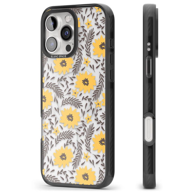 iPhone 16 Pro Max Yellow Blossoms Transparent Floral Black Impact Phone Case