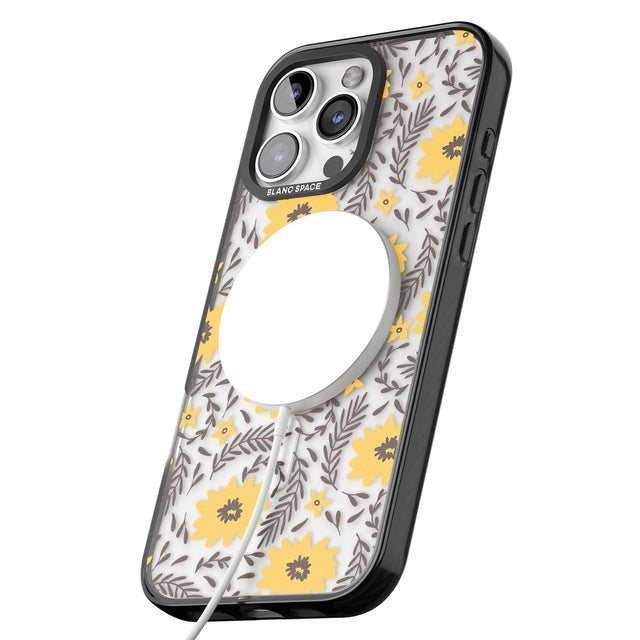 iPhone 16 Pro Max Yellow Blossoms Transparent Floral Black Impact Phone Case