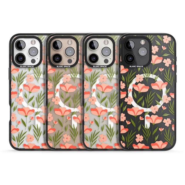 iPhone 16 Pro Max Pink Petals Transparent Floral Black Impact Phone Case