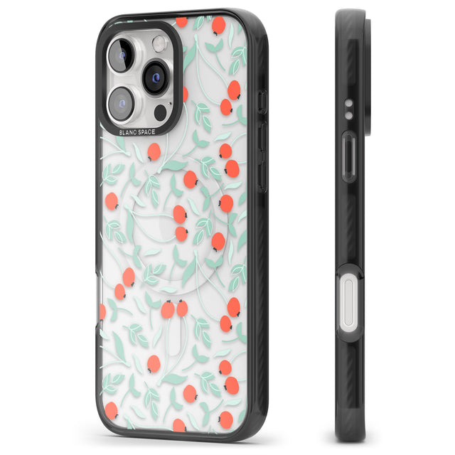 iPhone 16 Pro Max Red Berries Transparent Floral Black Impact Phone Case